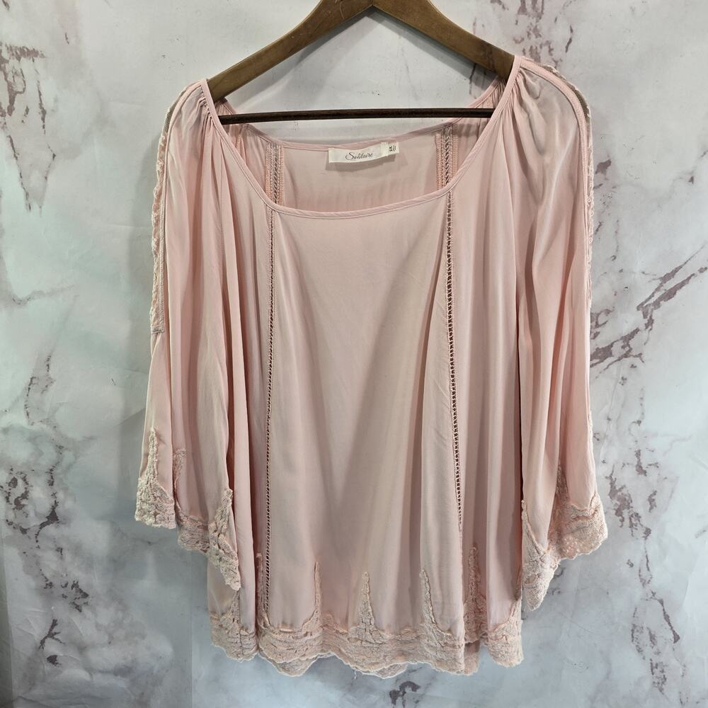 Anthropologie Shirt Womens 2X Pink Crochet Long Sleeve Peasant Boho Solitaire